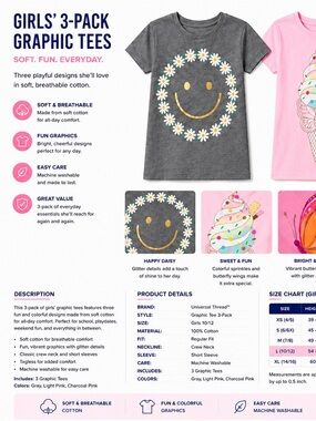 Cat & Jack Girls' Gray, Light Pink, Charcoal Pink Graphic Tee 3-Pack